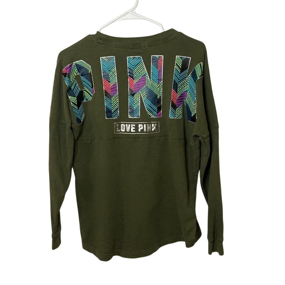 Victoria's Secret PINK Spirit Jersey Sweatshirt Olive Green Chevron‎ Logo XS